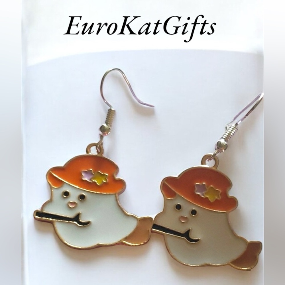 Playful Ghost Earrings with Orange Hat Broom  Fall friendly ghost Jewelry NEW